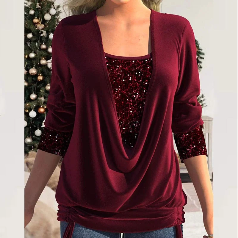 Amy Fashion - V Neck Sequins Stitching Solid Drawstring Pullover