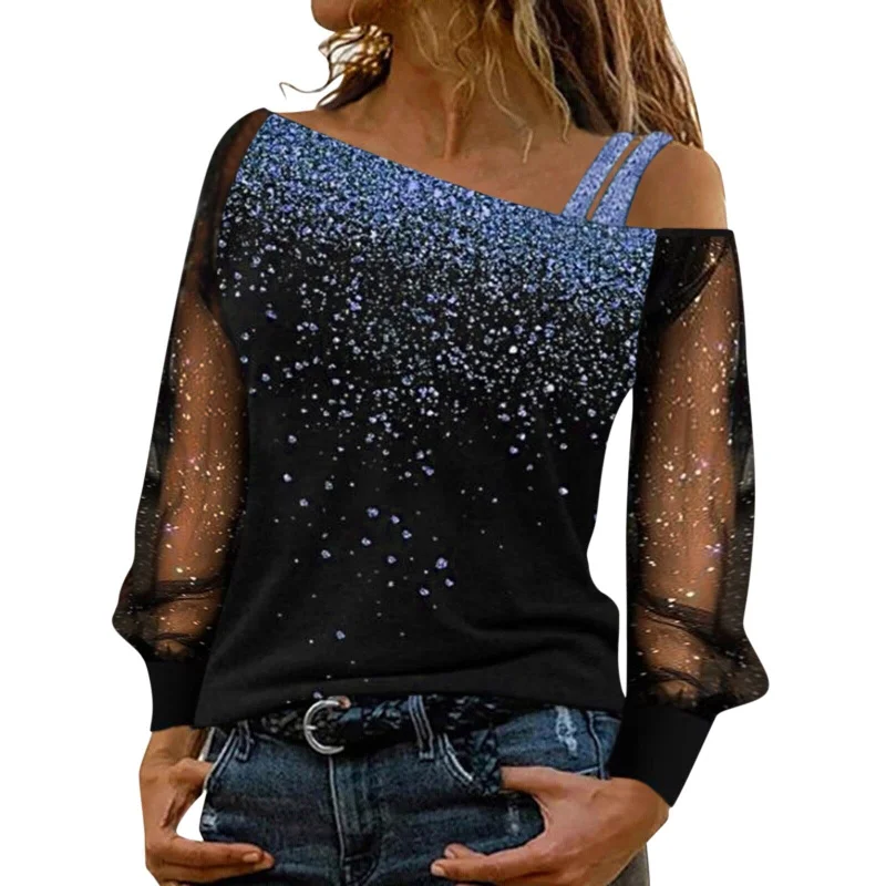 Amy Fashion - Long Sleeve Sequin Cold Shoulder Bling Mesh Sheer Blouse