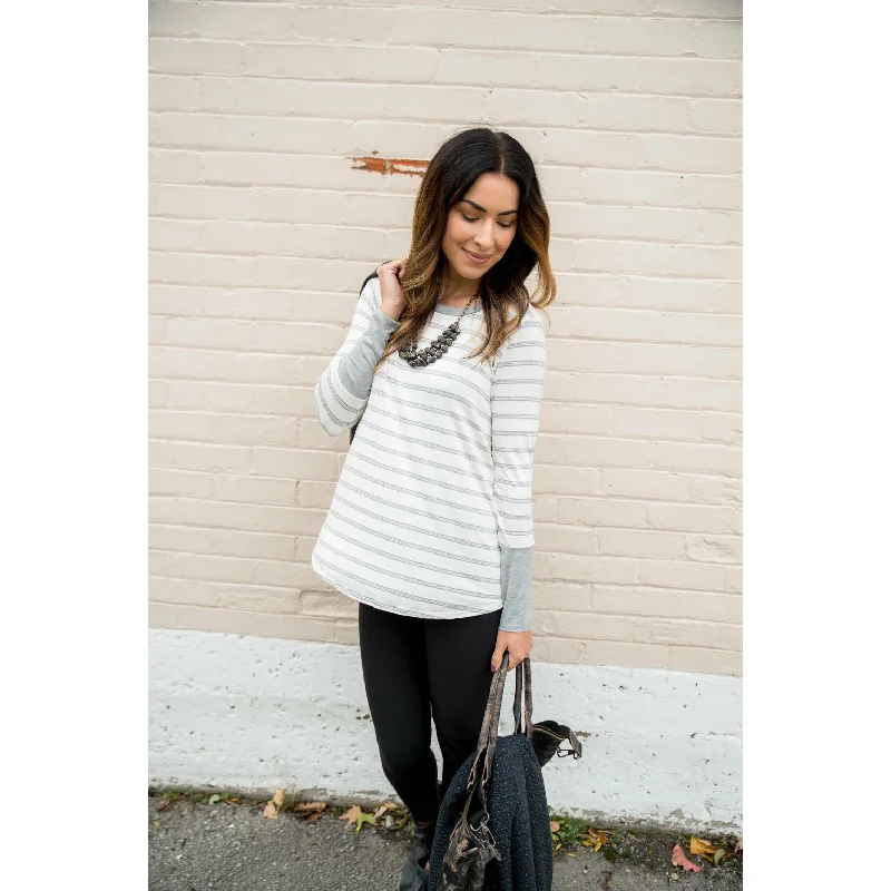 Solid Trimmed Dual Striped Long Sleeve Tee