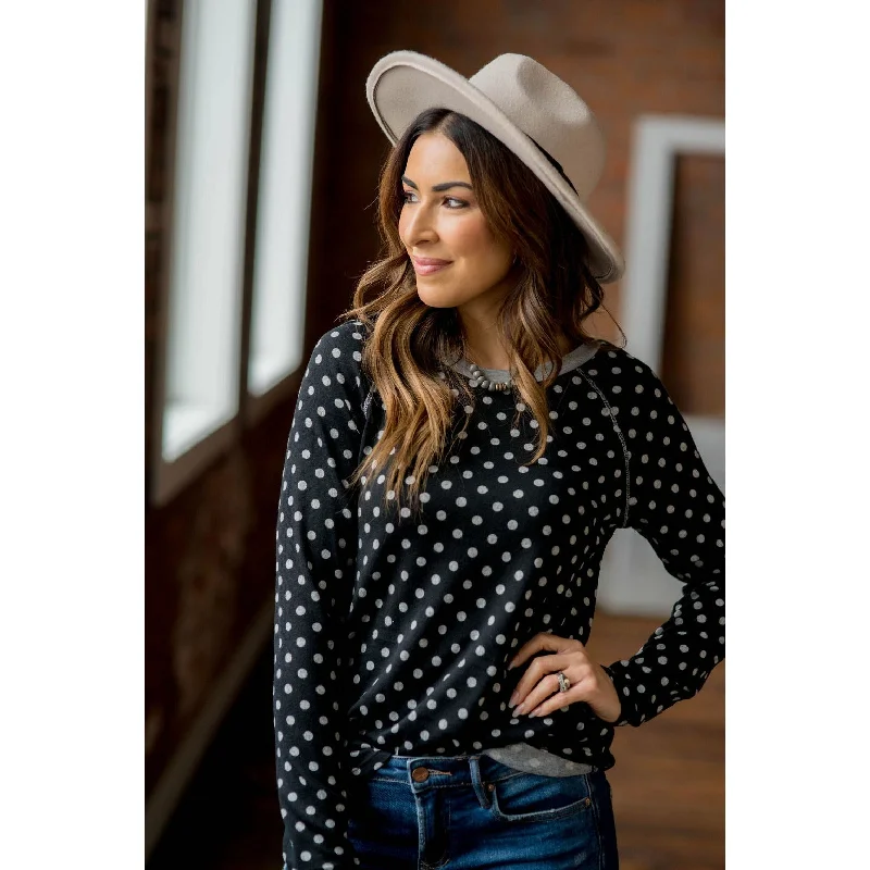 Solid Trimmed Long Sleeve Polka Dot Tee