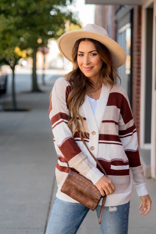 Striped Drop Shoulder Button Cardigan