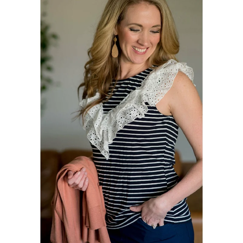 Striped Eyelet Ruffle Tank - Navy