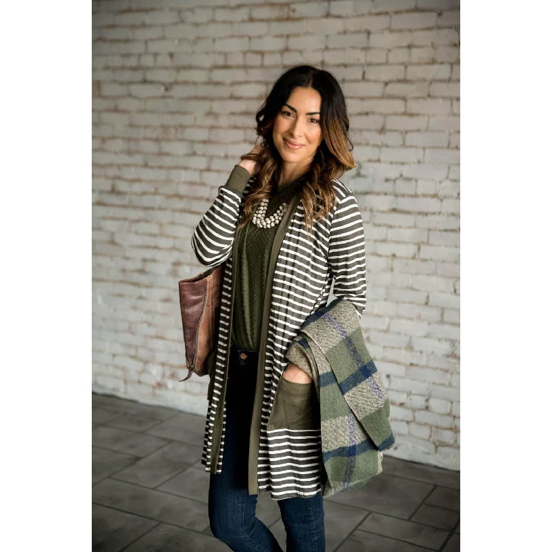 Striped Pocket Accent Cardigan