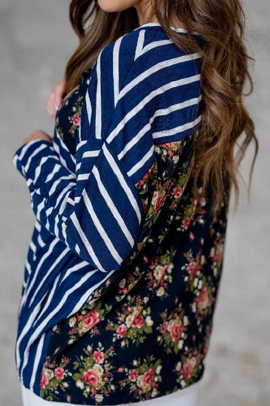 Striped Rose Accented Dolman Tee