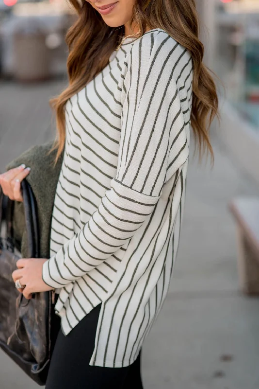 Striped Side Slit Long Tee