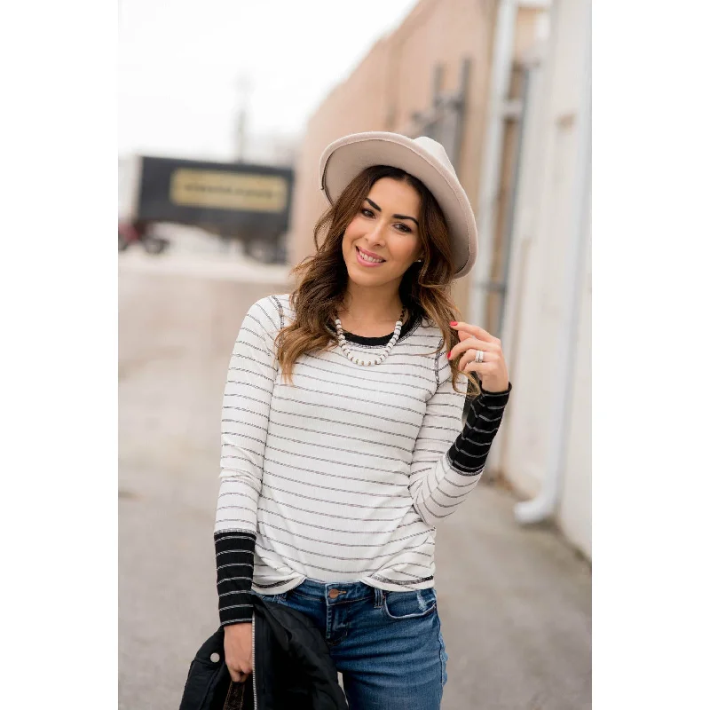 Stylish Striped Thermal Cuffed Tee