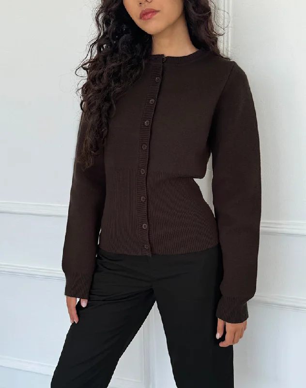 Subra Long Sleeve Ribbed Hem Cardi in Bitter Chocolate