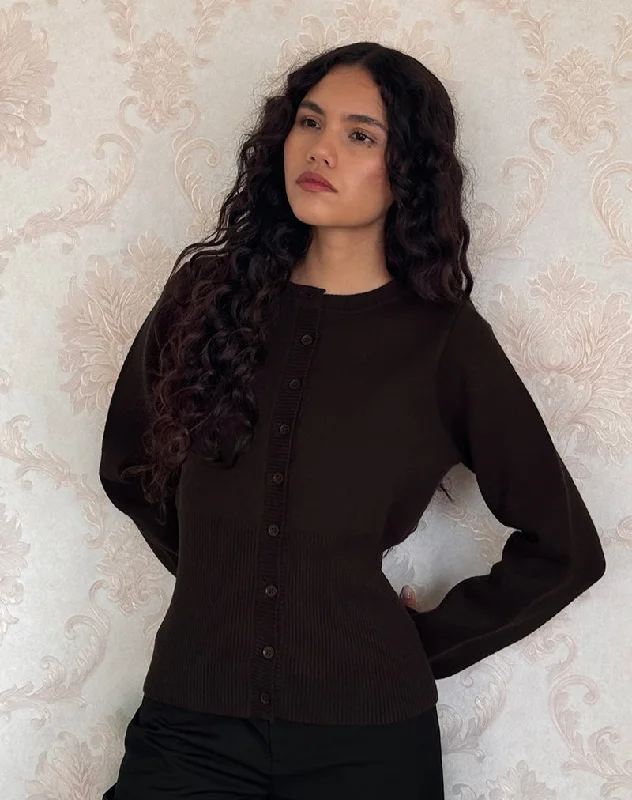 Subra Long Sleeve Ribbed Hem Cardi in Bitter Chocolate