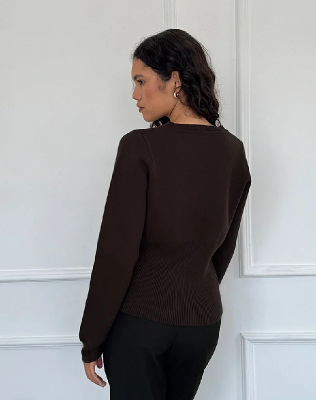 Subra Long Sleeve Ribbed Hem Cardi in Bitter Chocolate