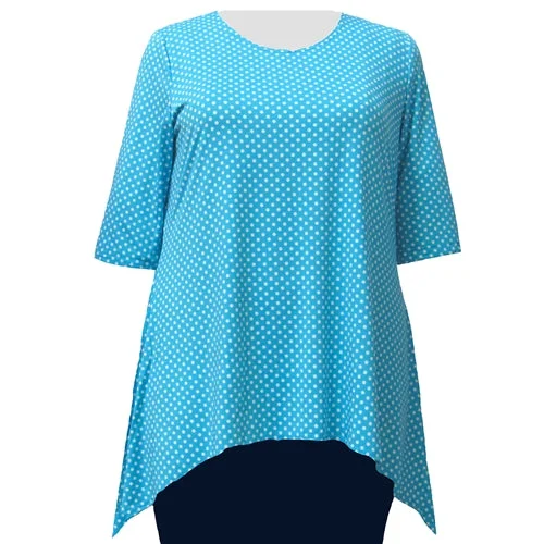 Turquoise Aspirin Dots 3/4 Sleeve Round Neck Sharkbite Hem Pullover Top Women's Plus Size Top