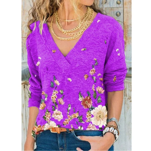 Amy Fashion - V-neck Flower Print Long-sleeved Casual Loose T-shirt