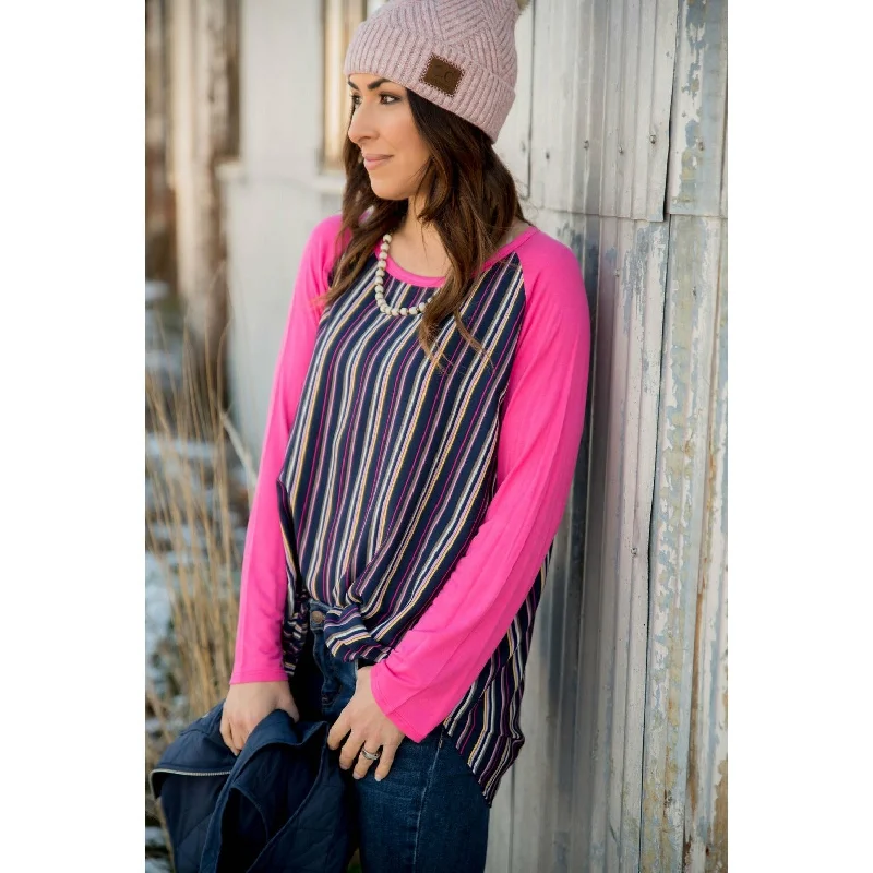 Vertical Striped Baseball Tee- Pink