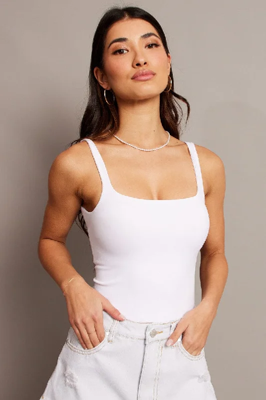 White Bodysuit Sleeveless Square Neck Seamless