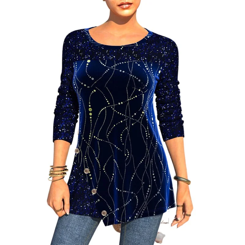 Amy Fashion - Plus Size Graphic Printed Sequins Patchwork Round Neck T Shirt