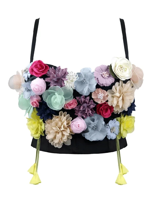 Women's 3D Simulation Flower Strappy Sleeveless Bustier Crop Top Bra