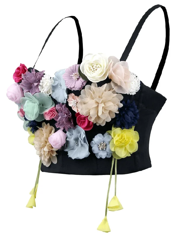 Women's 3D Simulation Flower Strappy Sleeveless Bustier Crop Top Bra