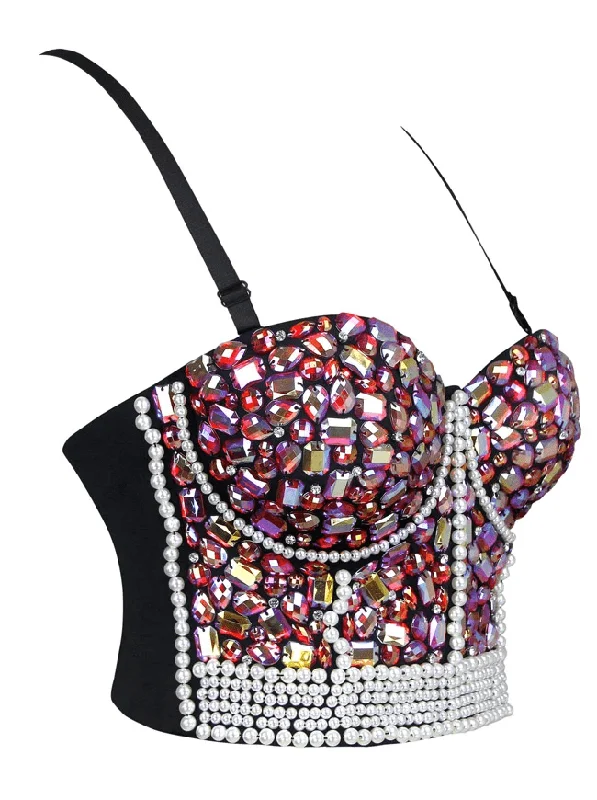 Women's Colorful Rhinestone Beaded Push Up Clubwear Bustier Crop Top Bra