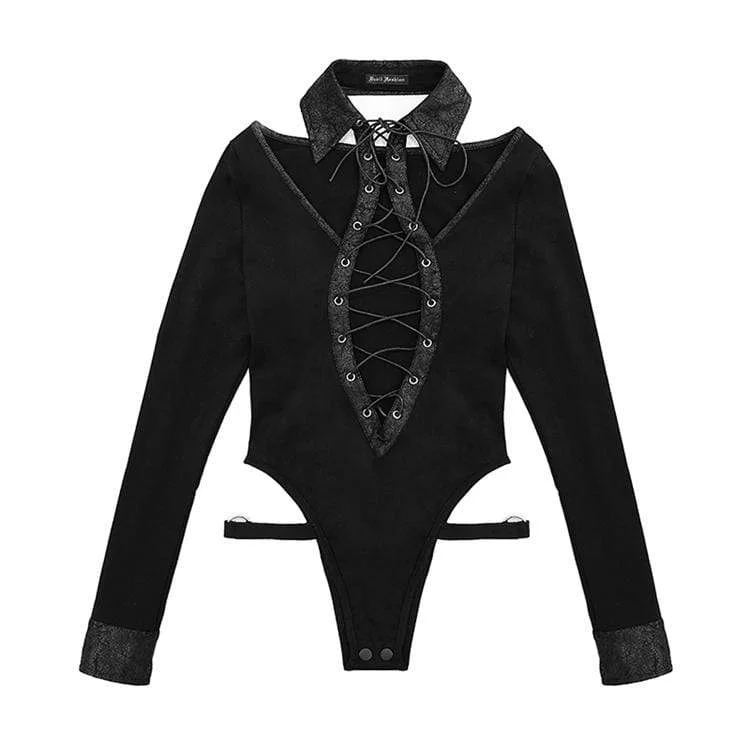 Women's Goth Cutout Lacing Halterneck Long Sleeved Romper