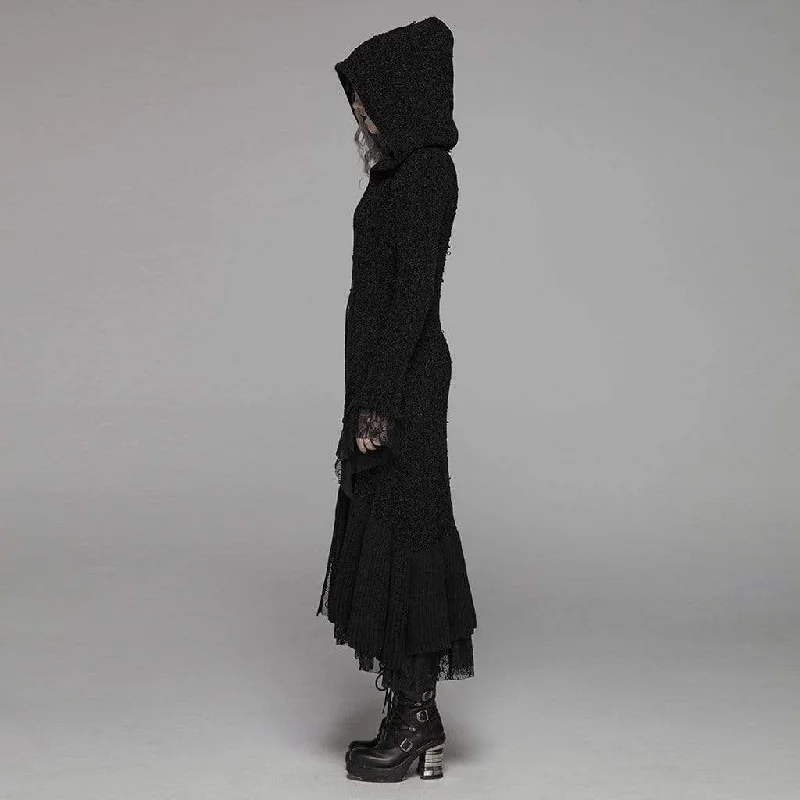 Women's Goth Multilayer Hooded Woolen Cardigan With Lace Sleeves