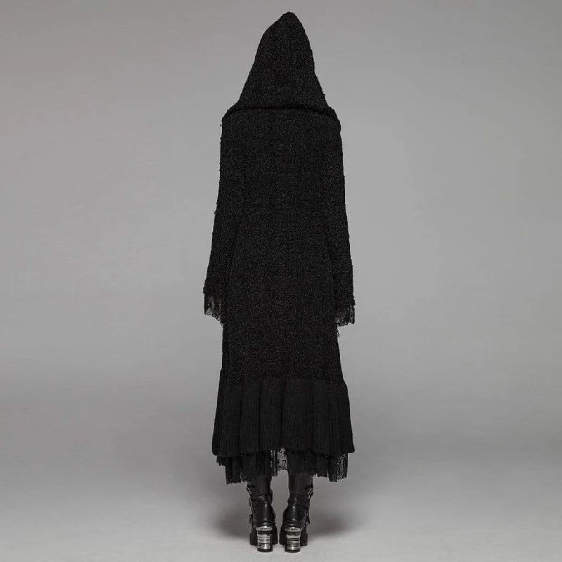 Women's Goth Multilayer Hooded Woolen Cardigan With Lace Sleeves