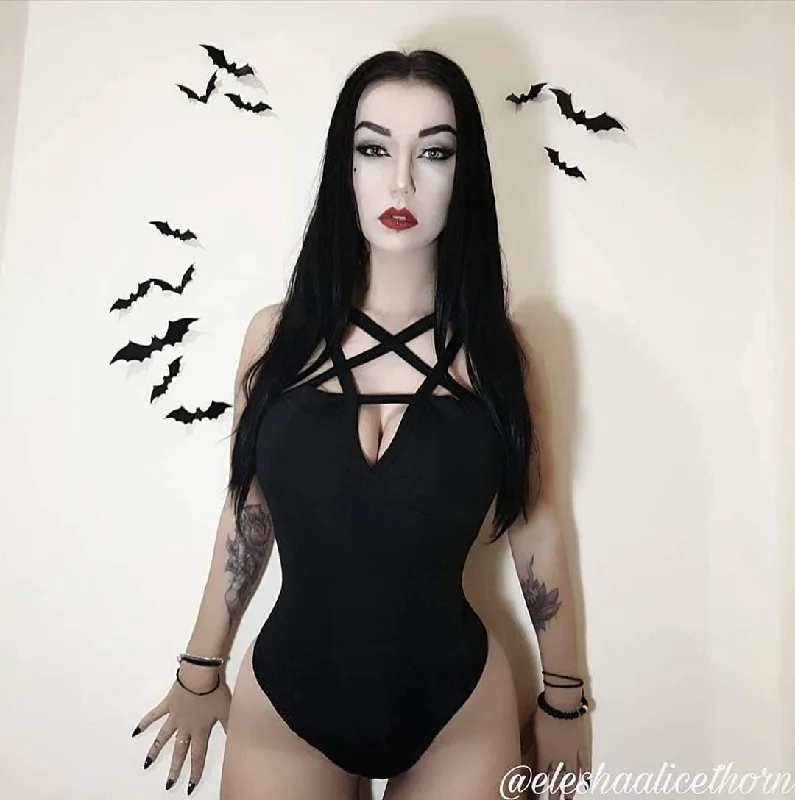 Women's Goth Pentagram Strap Black Bodysuit Romper