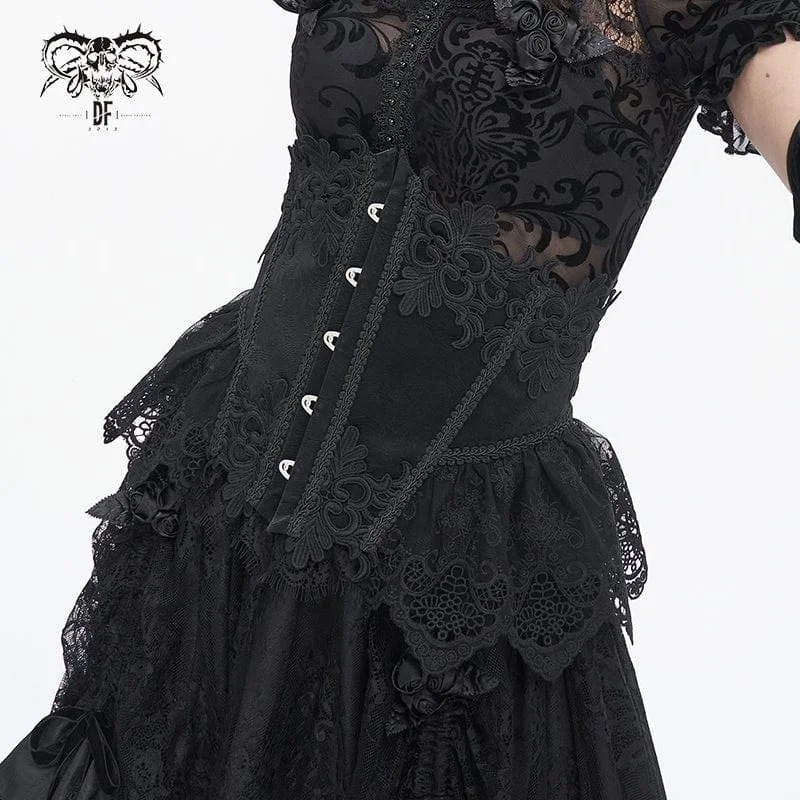 Women's Gothic Floral Embroidered Mesh Splice Faux Leather Underbust Corset