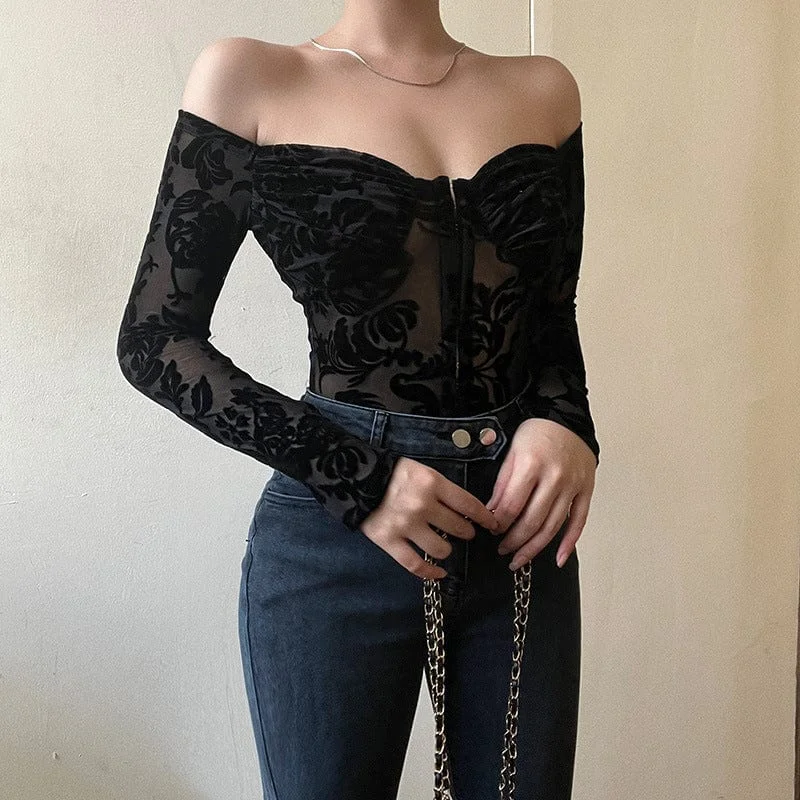 Women's Gothic Off Shoulder Flocking Lace Bodysuit