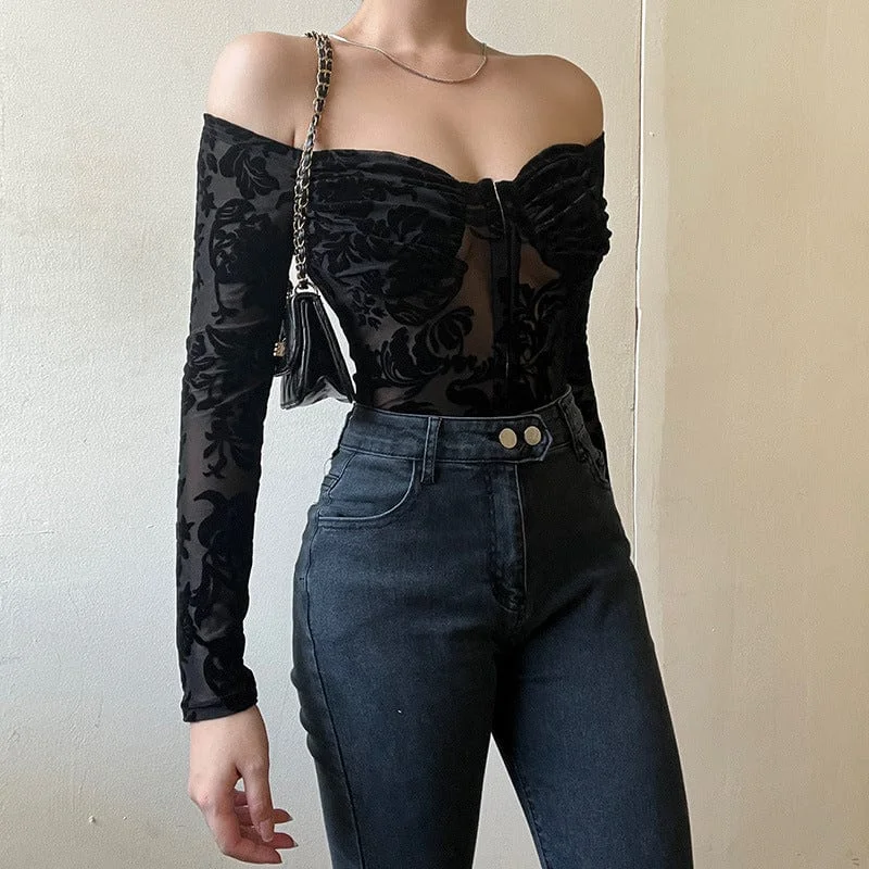 Women's Gothic Off Shoulder Flocking Lace Bodysuit