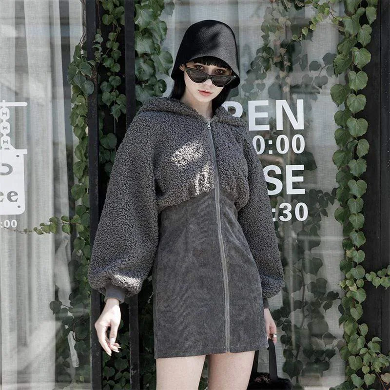 Women's Grunge Sherpa Splice Dress with Bear's Ears Hood