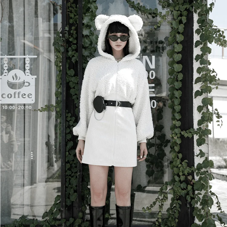 Women's Grunge Sherpa Splice Dress with Bear's Ears Hood