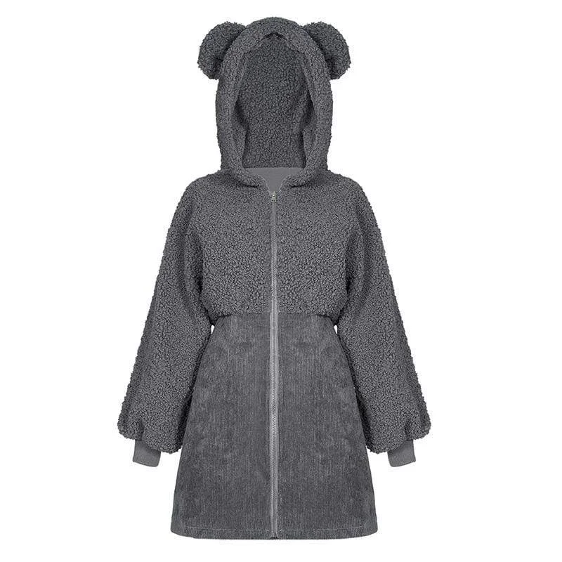 Women's Grunge Sherpa Splice Dress with Bear's Ears Hood