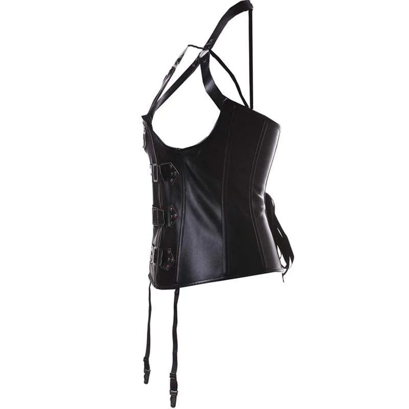 Women's Halter Buckle Up Faux Leather Corset With G String