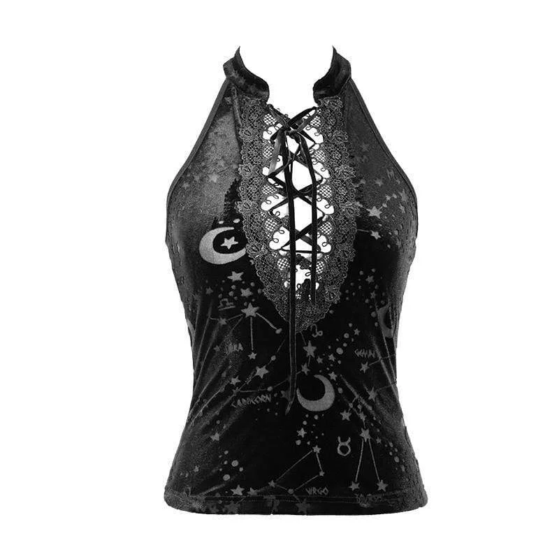 Women's Lace-up Sheer Constellation Moon Tank Tops