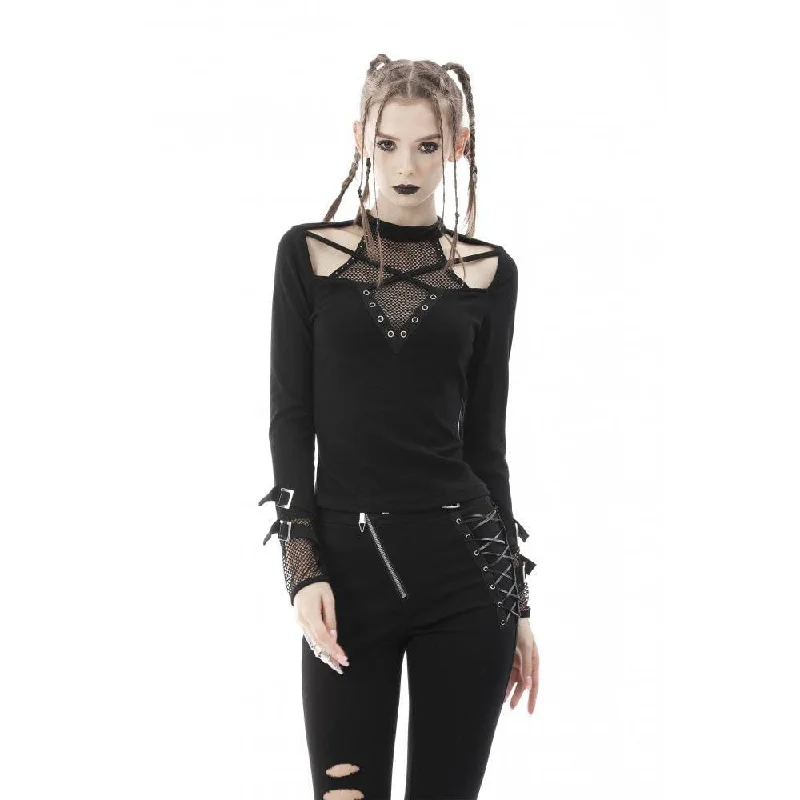 Women's Punk Cutout Mesh Splice Buckle T-shirt