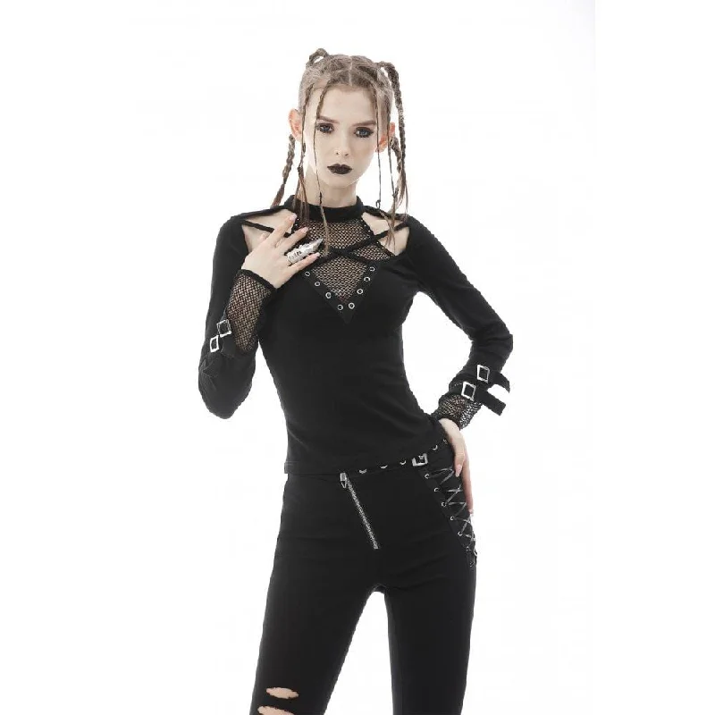 Women's Punk Cutout Mesh Splice Buckle T-shirt