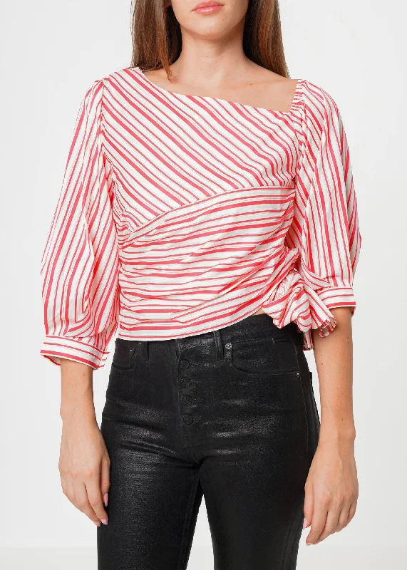 Women's Satin Stripe One Shoulder Blouse in Lipstick Stripe