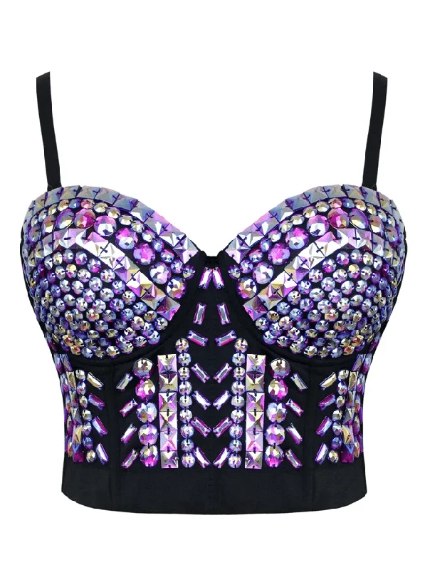 Women's Steampunk Studs Rivets Beaded Clubwear Bustier Crop Top Bra