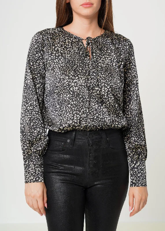 Women's Tie-neck Long Sleeve Bodysuit in Black Leopard