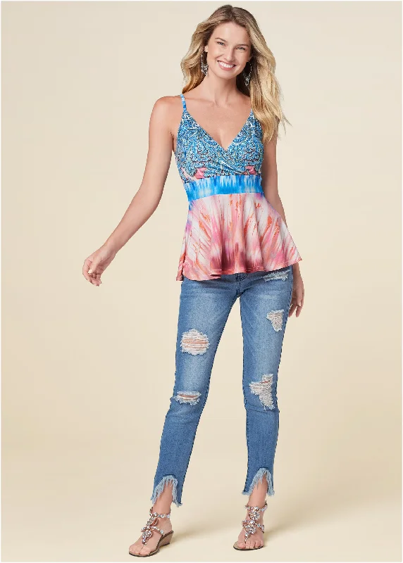 Printed peplum top - Coral Multi