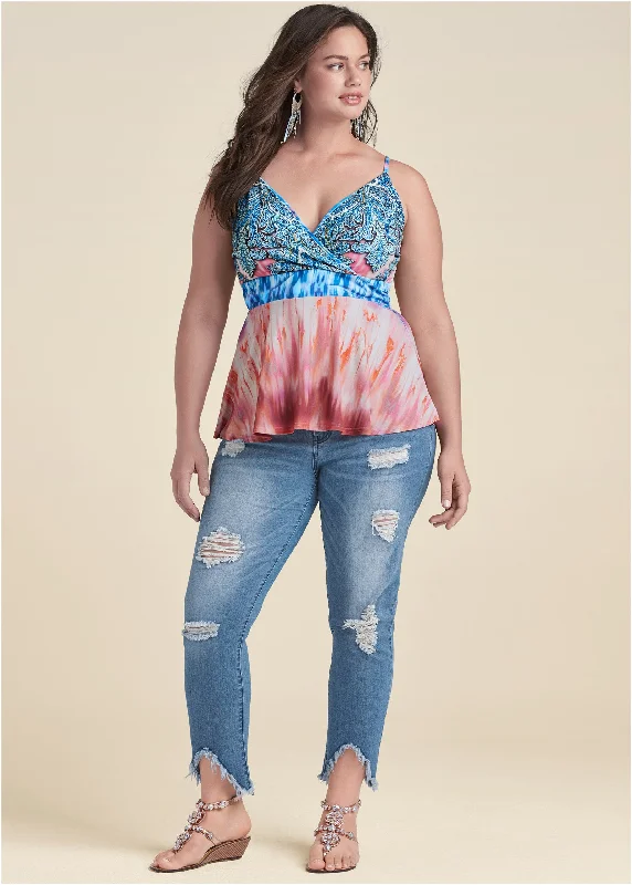 Printed peplum top - Coral Multi