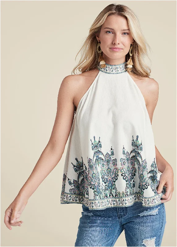 Linen paisley mock-neck top - White Multi