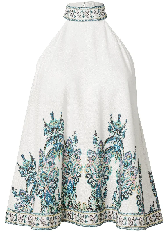 Linen paisley mock-neck top - White Multi