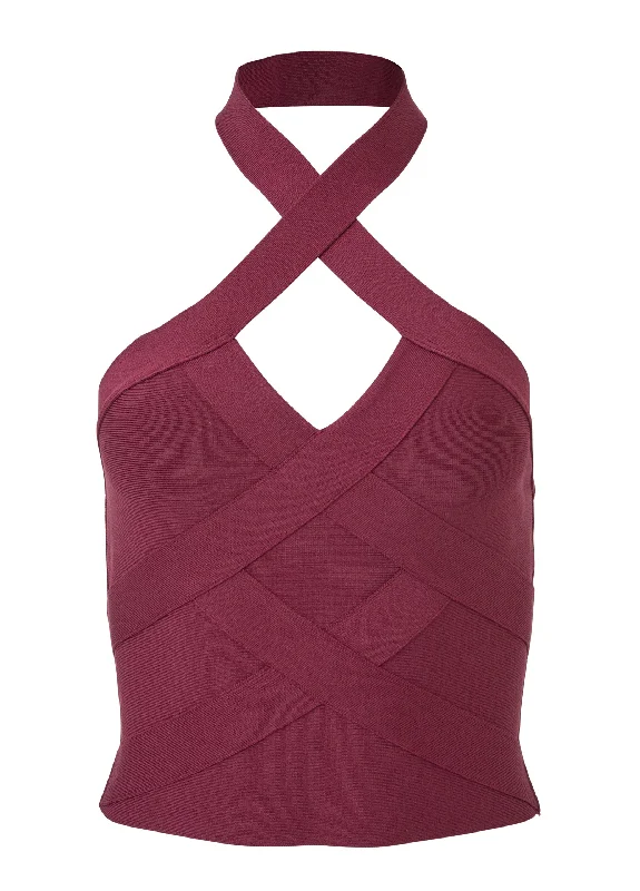 Cross-neck bandage crop top - Wine